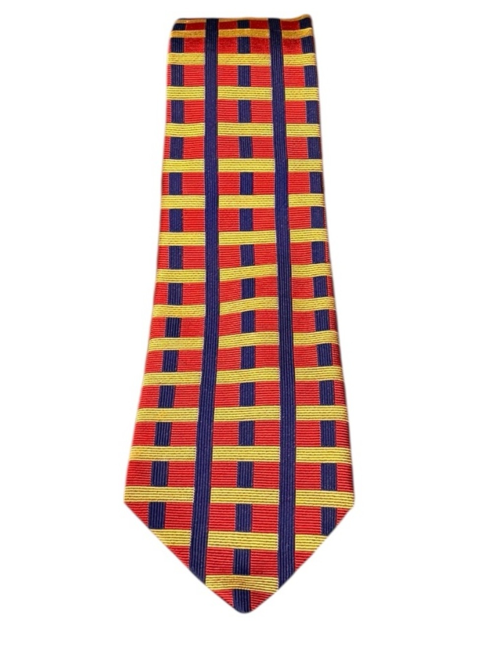 Bullock & Jones Silk Necktie Made England Red Gold Navy Geometric Grid